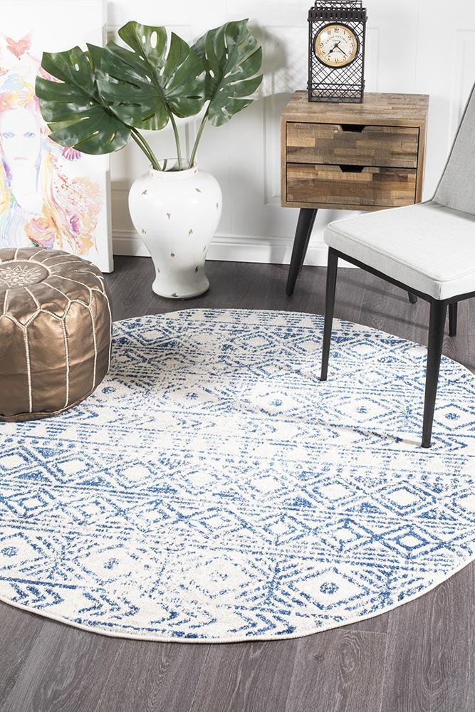 Oasis White Blue Rustic Round Rug - Buy Rugs Online | Melbourne ...