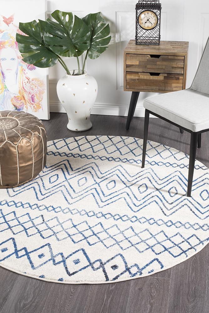 Oasis White Blue Rustic Tribal Round RugOAS-453-WBLU-150X150Rugtastic